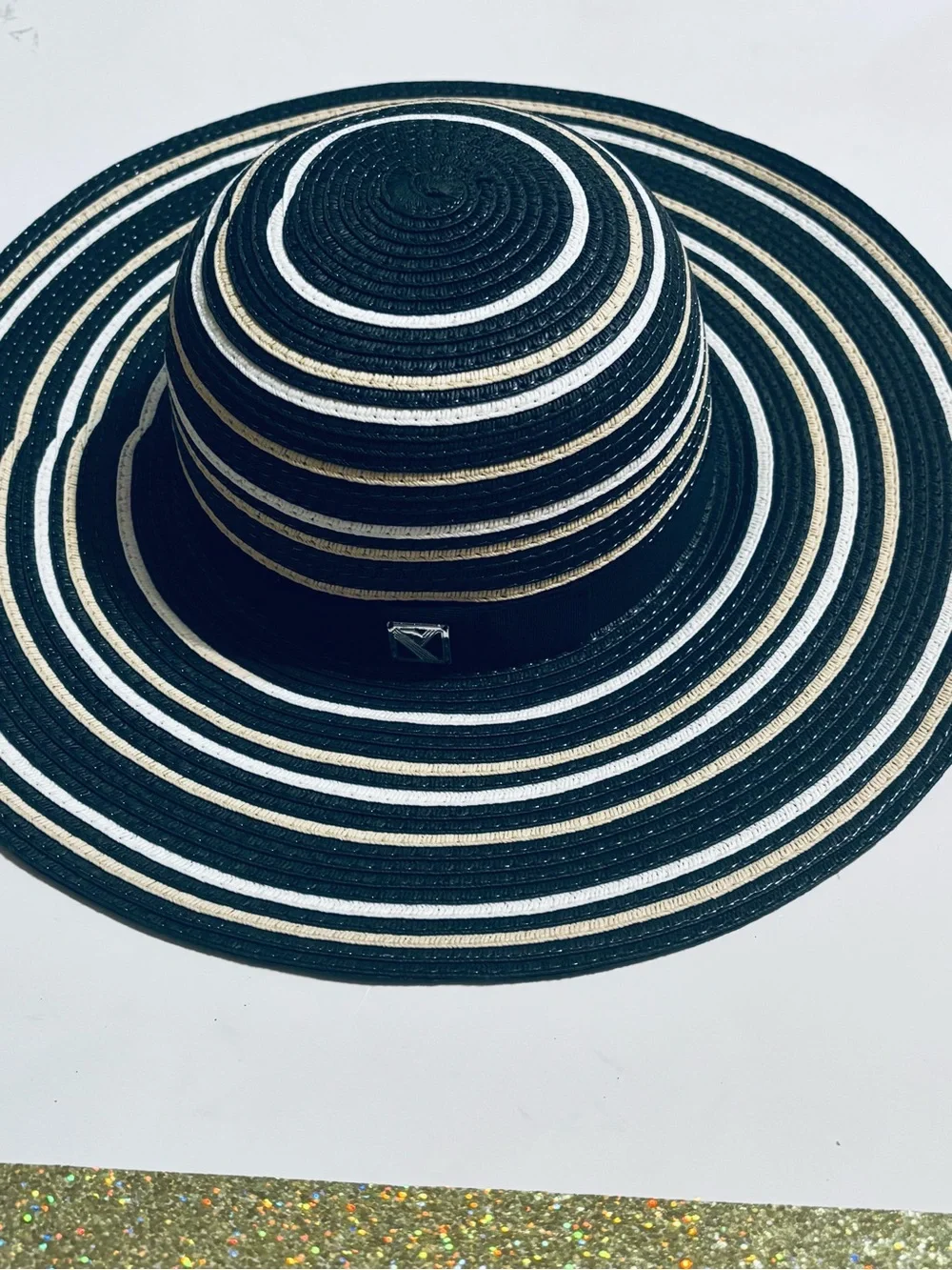 REED Striped Paper Sun Hat in Black, White & Natural